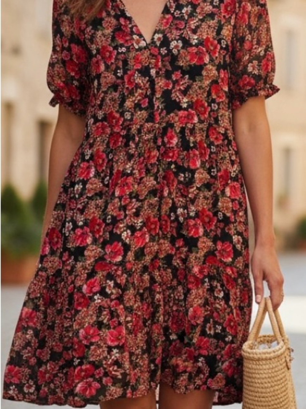 Express Black Floral Mini Dress with Red and Cream Flowers Size XL